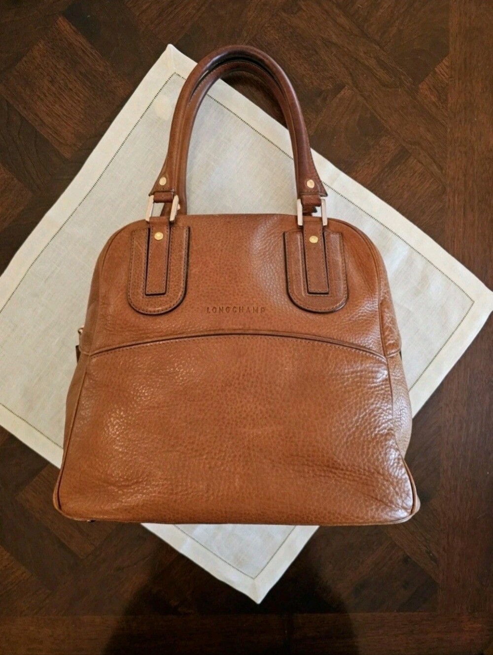 Longchamp Cosmos Large Brown Pebble Leather Tote Satchel Zip Closure Gold France - Picture 15 of 16